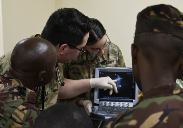 U.S. Army Capt. James Dewy, a physician assistant with the 8th Medical Brigade, a U.S. Army Reserve unit, identifies organs using a sonogram with Kenya Defence Forces medics during Justified Accord 2025 (JA25) at the Counter Insurgency Terrorism...