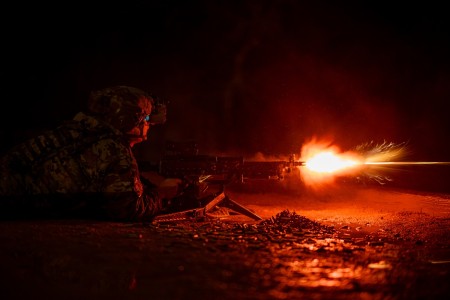 U.S. Army Pfc. Maxx Law, assigned to 2nd Battalion, 505th Parachute Infantry Regiment “Two Panther”, 3rd Brigade Combat Team, 82nd Airborne Division, fires an M240B machine gun during the 1st Sgt. Funk Deployment Readiness Exercise (DRE) on Fort Liberty, North Carolina, Feb. 11, 2025. The 1st Sgt. Funk DRE is a battalion-level readiness assessment for select units to evaluate systems and gauge the readiness efficiency of a unit&#39;s ability to mobilize, prepare, and engage the enemy as the United States Immediate Response Force.