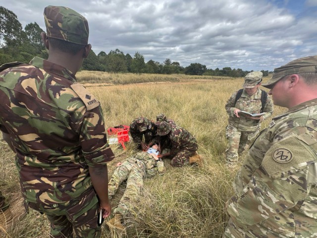Kenya Defence Force (KDF) medics joined the medics with 8th Medical Brigade and 1st Battalion 182nd Infantry Regiment, Massachusetts National Guard, to conduct a casualty evacuation rehearsal during exercise Justified Accord 2025 (JA25) at the...