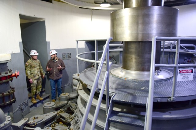 Chris Marlow (Left), U.S. Army Corps of Engineers Nashville District's Power Project manager in Eastern Kentucky, accompanies USACE Command Sgt. Maj. Douglas Galick Feb. 11, 2025, to see a turbine in the Wolf Creek Dam Powerhouse. The project is...