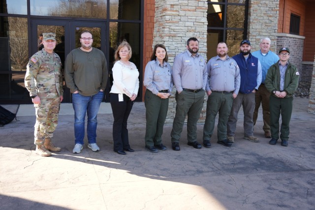 U.S. Army Corps of Engineers Command Sergeant Major Douglas Galick (left) poses for a photo with USACE employees from the Cordell Hull resource office in Carthage, Tennessee, on Feb. 10, 2025. Cordell Hull was one of several Nashville District...