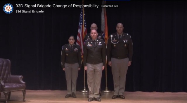 COL William Martin leads the 93d Theater Signal Brigade's change of responsibility ceremony on February 13, 2025.