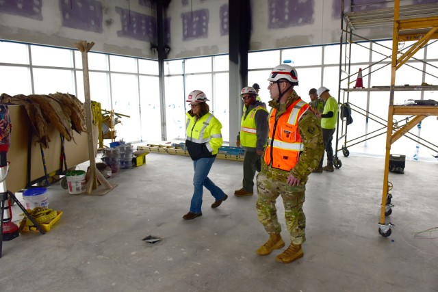 Jackie Huff (Left), U.S. Army Corps of Engineers Nashville District Eastern Tennessee Resident Office chief, leads Command Sgt. Maj. Douglas Galick on a tour Feb. 12, 2025, of ongoing construction of the K-25 Viewing Platform Building at East...