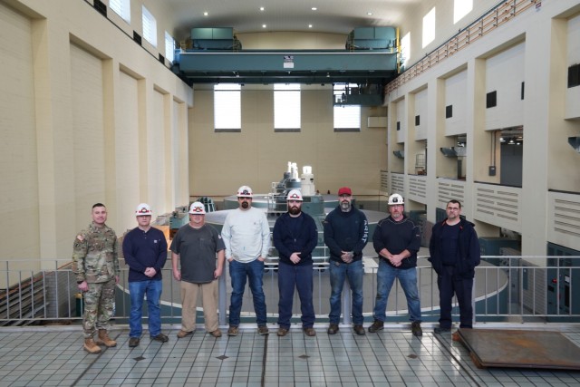 U.S. Army Corps of Engineers Command Sergeant Major Douglas Galick (left) poses for a photo with USACE employees from the Center Hill hydropower facility in Lancaster, Tennessee, on Feb. 10, 2025. Center Hill was one of several Nashville District...