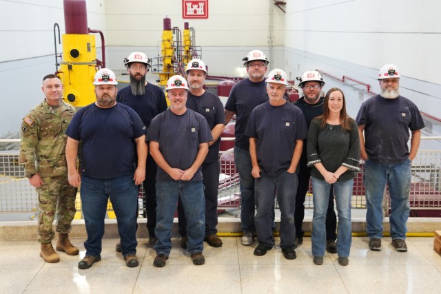 U.S. Army Corps of Engineers Command Sergeant Major Douglas Galick (left) poses for a photo with USACE employees from the Cordell Hull hydropower facility in Carthage, Tennessee, on Feb. 10, 2025. Cordell Hull was one of several Nashville District...