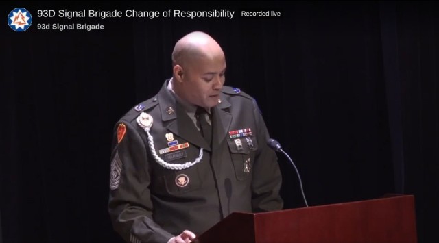 CSM Jovan Velasquez makes remarks at the 93d Theater Signal Brigade's change of responsibility ceremony on February 13, 2025.