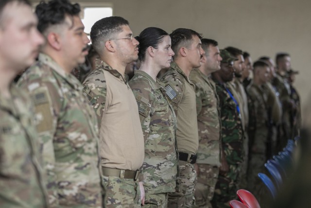 U.S. Army soldiers with the East Africa Response Force (EARF), assigned to Combined Joint Task Force – Horn of Africa (CJTF-HOA), join U.S. Army Southern European Task Force, Africa (SETAF-AF), the Nebraska National Guard and the Tanzania People’s Defense Force (TPDF) at the opening ceremony for the multinational exercise Justified Accord 2025 (JA25) at Msata Military Training Base, Msata, Tanzania, Feb. 11, 2025. JA25 is the premier U.S. Africa Command (USAFRICOM) exercise in East Africa, designed to enhance multinational combat readiness, strengthen crisis response capabilities and empower allies and partners in the region. Led by SETAF-AF and hosted in Kenya, Djibouti and Tanzania, JA25 integrates high-intensity training scenarios that sharpen warfighting skills, increase operational reach and enhance the ability to execute complex joint and multinational operations. The exercise runs from Feb. 10–21, 2025. 