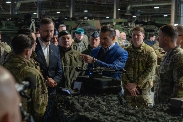 U.S. Secretary of Defense Pete Hegseth, alongside Polish Deputy Prime Minister Wladyslaw Kosiniak-Kamysz, visited the Army Prepositioned Stocks-2 (APS-2) site in Powidz, Poland on February 15, 2025. 

The visit highlighted the U.S. Army&#39;s commitment to equipping its forces with cutting-edge technology and bolstering deterrence in Eastern Europe, particularly through the V Corps&#39; leading role in the &#34;Transforming in Contact&#34; (TiC) initiative.

During their visit, Secretary Hegseth and Deputy Prime Minister Kosiniak-Kamysz met with Soldiers from the 3rd Brigade Combat Team, 10th Mountain Division. The Soldiers showcased new military equipment recently tested during the Combined Resolve 25-1 exercise, emphasizing the impact of the TiC program. This initiative aims to provide Soldiers with the latest technology, allowing them to experiment and provide valuable feedback for shaping the future force.