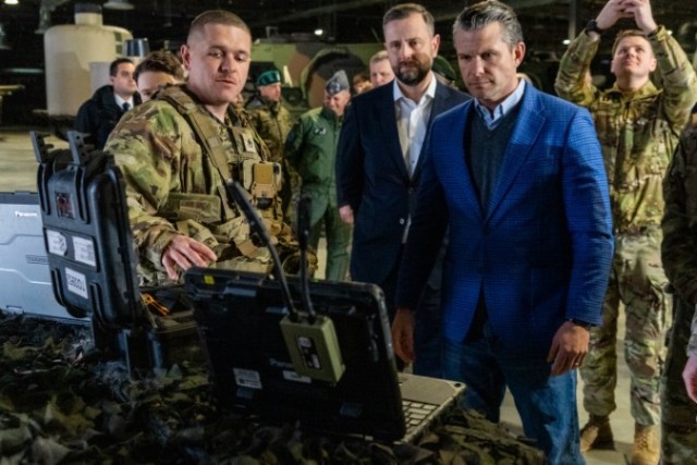 U.S. Secretary of Defense Pete Hegseth, alongside Polish Deputy Prime Minister Wladyslaw Kosiniak-Kamysz, visited the Army Prepositioned Stocks-2 (APS-2) site in Powidz, Poland on February 15, 2025. 

The visit highlighted the U.S. Army's commitment to equipping its forces with cutting-edge technology and bolstering deterrence in Eastern Europe, particularly through the V Corps' leading role in the "Transforming in Contact" (TiC) initiative.

During their visit, Secretary Hegseth and Deputy Prime Minister Kosiniak-Kamysz met with Soldiers from the 3rd Brigade Combat Team, 10th Mountain Division. The Soldiers showcased new military equipment recently tested during the Combined Resolve 25-1 exercise, emphasizing the impact of the TiC program. This initiative aims to provide Soldiers with the latest technology, allowing them to experiment and provide valuable feedback for shaping the future force.