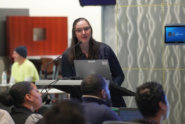Julie Green, a training specialist with the TACOM Talent Development Program (T2DP), gives a presentation during the Jan. 29, 2025, TACOM Mentorship Program kickoff event at the Detroit Arsenal.