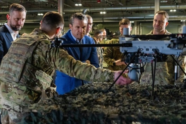 U.S. Secretary of Defense Pete Hegseth, alongside Polish Deputy Prime Minister Wladyslaw Kosiniak-Kamysz, visited the Army Prepositioned Stocks-2 (APS-2) site in Powidz, Poland on February 15, 2025. 

The visit highlighted the U.S. Army&#39;s commitment to equipping its forces with cutting-edge technology and bolstering deterrence in Eastern Europe, particularly through the V Corps&#39; leading role in the &#34;Transforming in Contact&#34; (TiC) initiative.

During their visit, Secretary Hegseth and Deputy Prime Minister Kosiniak-Kamysz met with Soldiers from the 3rd Brigade Combat Team, 10th Mountain Division. The Soldiers showcased new military equipment recently tested during the Combined Resolve 25-1 exercise, emphasizing the impact of the TiC program. This initiative aims to provide Soldiers with the latest technology, allowing them to experiment and provide valuable feedback for shaping the future force.