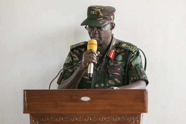 Maj. Gen. Charles Patnik with the Tanzania People’s Defense Force (TPDF), delivers a speech to signify the start of the multinational exercise Justified Accord 2025 (JA25) at Msata Military Training Base in Msata, Tanzania, Feb. 11, 2025. JA25...