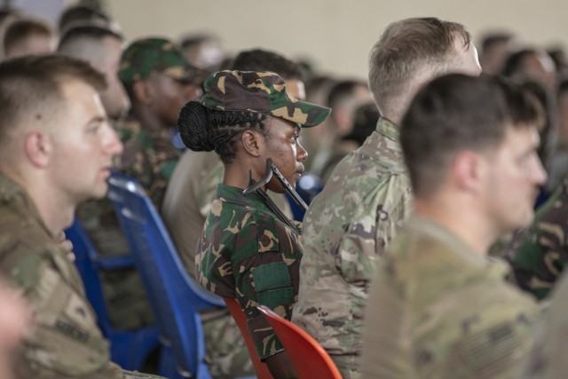 U.S. Army soldiers with the East Africa Response Force (EARF), assigned to Combined Joint Task Force – Horn of Africa (CJTF-HOA), join U.S. Army Southern European Task Force, Africa (SETAF-AF), the Nebraska National Guard and the Tanzania People’s Defense Force (TPDF) at the opening ceremony for the multinational exercise Justified Accord 2025 (JA25) at Msata Military Training Base, Msata, Tanzania, Feb. 11, 2025. JA25 is the premier U.S. Africa Command (USAFRICOM) exercise in East Africa, designed to enhance multinational combat readiness, strengthen crisis response capabilities and empower allies and partners in the region. Led by SETAF-AF and hosted in Kenya, Djibouti and Tanzania, JA25 integrates high-intensity training scenarios that sharpen warfighting skills, increase operational reach and enhance the ability to execute complex joint and multinational operations. The exercise runs from Feb. 10–21, 2025. 