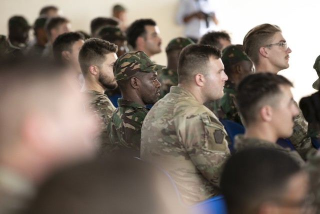 U.S. Army soldiers with the East Africa Response Force (EARF), assigned to Combined Joint Task Force – Horn of Africa (CJTF-HOA), join U.S. Army Southern European Task Force, Africa (SETAF-AF), the Nebraska National Guard and the Tanzania People’s Defense Force (TPDF) at the opening ceremony for the multinational exercise Justified Accord 2025 (JA25) at Msata Military Training Base, Msata, Tanzania, Feb. 11, 2025. JA25 is the premier U.S. Africa Command exercise in East Africa, designed to enhance multinational combat readiness, strengthen crisis response capabilities and empower allies and partners in the region. Led by SETAF-AF and hosted in Kenya, Djibouti and Tanzania, JA25 integrates high-intensity training scenarios that sharpen warfighting skills, increase operational reach and enhance the ability to execute complex joint and multinational operations. The exercise runs from Feb. 10–21, 2025. 