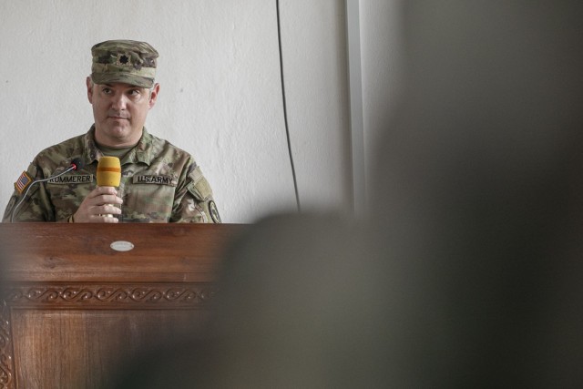 U.S. Army Lt. Col. Michael W. Kummerer, U.S. Embassy Tanzania senior defense official and air attaché, provides remarks during the opening ceremony for the multinational exercise Justified Accord 2025 (JA25) at the Msata Military Training Base, Msata, Tanzania, Feb. 11, 2025. JA25 is the premier U.S. Africa Command (USAFRICOM) exercise in East Africa, designed to enhance multinational combat readiness, strengthen crisis response capabilities and empower allies and partners in the region. Led by U.S. Army Southern European Task Force, Africa (SETAF-AF) and hosted in Kenya, Djibouti and Tanzania, JA25 integrates high-intensity training scenarios that sharpen warfighting skills, increase operational reach and enhance the ability to execute complex joint and multinational operations. The exercise runs from Feb. 10–21, 2025. (U.S. Army photo by Sgt. Michael Knight)