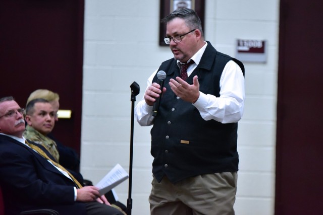 Dean Michalec, deputy chief of staff for personnel, Army Mission Installation Contracting Command makes remarks during a quarterly town hall Feb. 18, 2025, at Blesse Auditorium, Joint Base San Antonio – Fort Sam Houston, Texas. The MICC command...