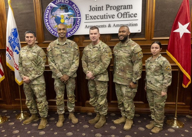 PICATINNY ARSENAL, N.J. - (from left) - Command Sgt. Maj. David M. Franks, Lt. Col. Craig A. Bonham II, Maj. Gen. John T. Reim, Sgt. 1st Class Randy McKire Jr., Sgt. Tisha Rivera.