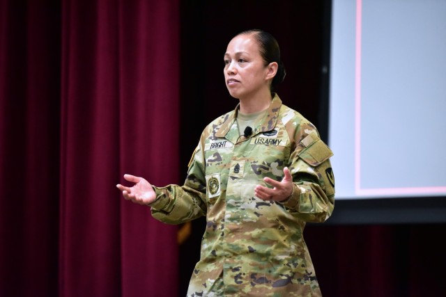 Command Sgt. Maj. JennyAnne Bright, command sergeant major, Army Mission Installation Contracting Command makes remarks during a quarterly town hall Feb. 18, 2025, at Blesse Auditorium, Joint Base San Antonio – Fort Sam Houston, Texas. The MICC...