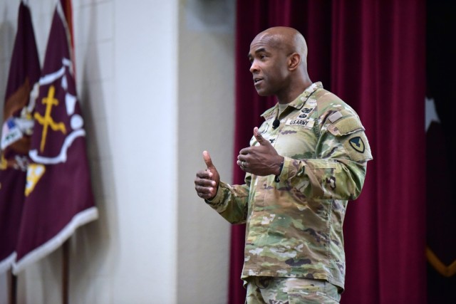 Col. Freddy L. Adams, commander, Army Mission Installation Contracting Command makes remarks during a quarterly town hall Feb. 18, 2025, at Blesse Auditorium, Joint Base San Antonio – Fort Sam Houston, Texas. The MICC command group, Col. Freddy...