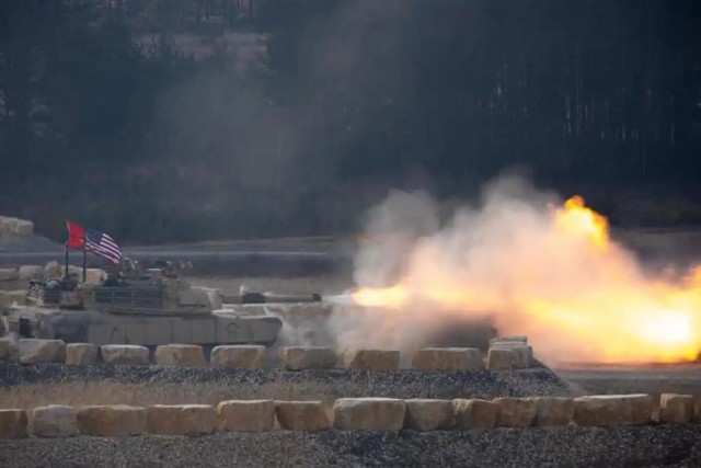 U.S. soldiers from 1st Battalion, 67th Armor Regiment, engage multiple targets in their defensive lane during the U.S. Army Europe and Africa International Tank Challenge in Grafenwoehr, Germany, Feb. 14, 2025.