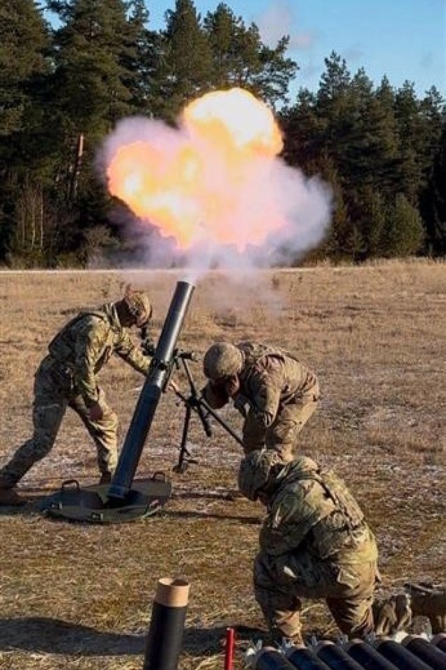 The &#34;Death Dealer&#34; mortar platoon provides indirect fire support for competing teams during the U.S. Army Europe and Africa International Tank Challenge, Feb. 14, 2025.