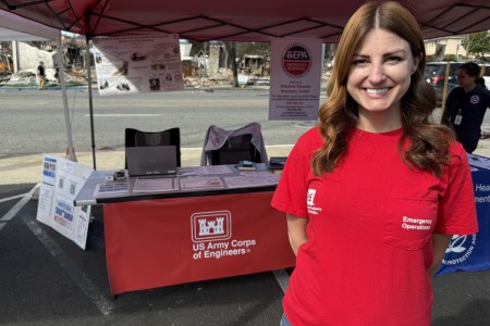 Tessa Rough, community outreach specialist, at a USACE information booth in Altadena.