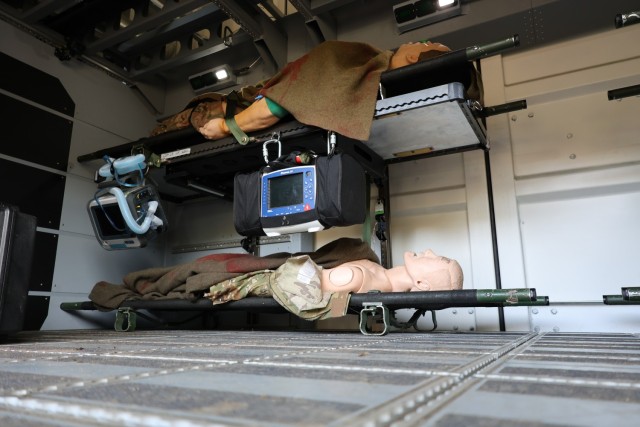 The inside of the Future Medevac Cabin Technology Demonstrator, a modified 20-foot CONNEX configured into a transportable mockup of a MEDEVAC cabin, demonstrates cabin and patient handling system designs to collect user feedback to be used in...