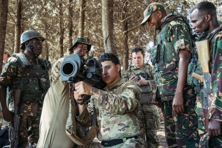 U.S. Army paratroopers assigned to Chosen Company, 2nd Battalion, 503rd Parachute Infantry Regiment, 173rd Airborne Brigade, demonstrate how to use an anti-tank weapon for the Kenya Defence Forces during exercise Justified Accord 2025 (JA25) at the Counter Insurgency Terrorism and Stability Operations center in Nanyuki, Kenya, Feb. 16, 2025. JA25 is the premier U.S. Africa Command (USAFRICOM) exercise in East Africa, designed to enhance multinational combat readiness, strengthen crisis response capabilities and empower allies and partners in the region. Led by U.S. Army Southern European Task Force, Africa (SETAF-AF) and hosted by Kenya, Djibouti and Tanzania, JA25 integrates high-intensity training scenarios that sharpen warfighting skills, increase operational reach and enhance the ability to execute complex joint and multinational operations. The exercise runs from Feb. 10–21, 2025.