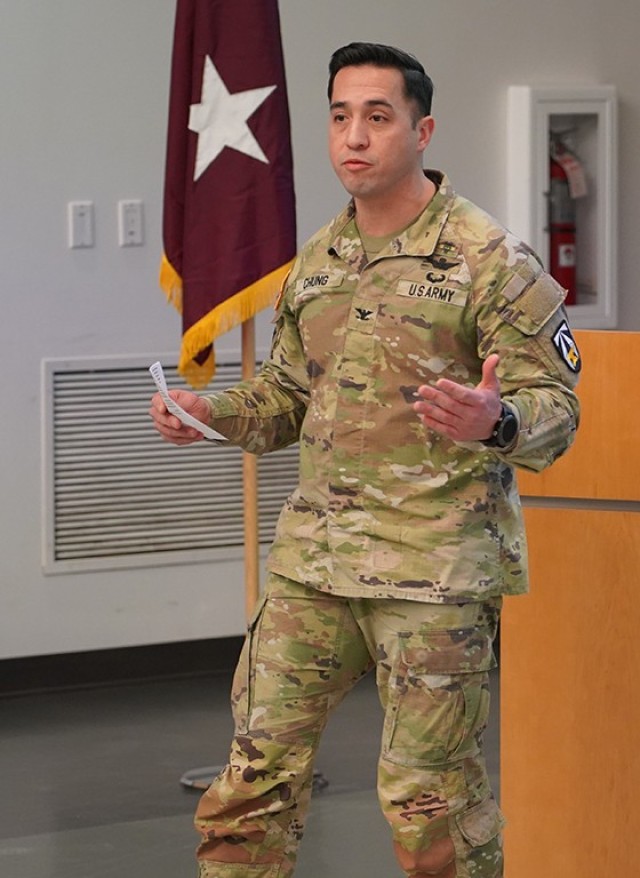 Col. Christopher Chung, commander, U.S. Army Garrison Fort Detrick, speaks during a &#34;patch&#34; ceremony, Feb. 19, 2025.