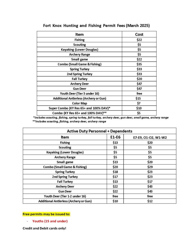 Price sheet with new prices provided by the Fort Knox Natural Resources Branch.