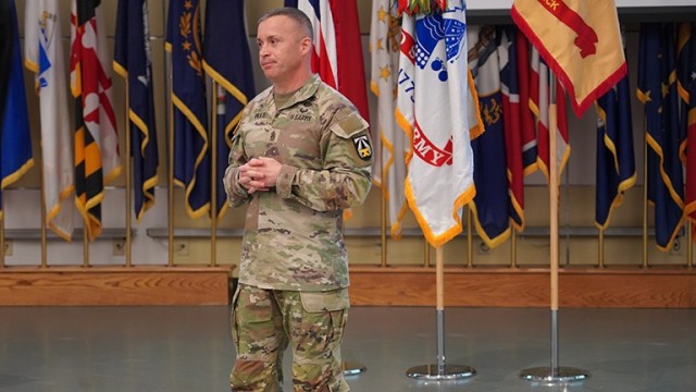 U.S. Army Medical Research and Development Command Sgt. Maj. Michael Dills speaks during a &#34;patch&#34; ceremony, Feb. 19, 2025.