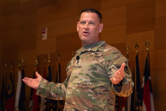 CECOM Command Sgt. Maj. Jay High, who joined U.S. Communications-Electronics Command team earlier this month, introduces himself during the first CECOM town hall of the year at the Myer Auditorium Feb. 18, 2025.