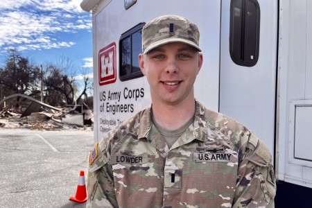 1st Lt. Sam Lowder, battle captain, stands by a USACE DTOS in Altadena.