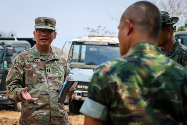 U.S. Army Capt. Songkran Waiyaka, a buddhist chaplain, assigned to 593rd Expeditionary Sustainment Command, speaks to marines of the Royal Thai Marine Corps during Joint Exercise Cobra Gold 2025 at Ban Chan Khrem, Chanthaburi Province, Thailand,...