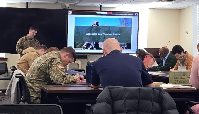 Chaplain (Lt. Col.) Jared Vineyard, Combined Arms Center deputy chaplain and Center for Army Leadership ethicist, administers the “Assessing Your Trustworthiness” activity during a leader professional development session for The Research and...