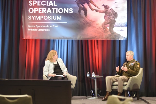 Army Gen. Bryan P. Fenton, commander for Special Operations Command, speaks at the National Defense Industrial Association’s 35th annual Special Operations Symposium in Washington, Feb. 20, 2025.