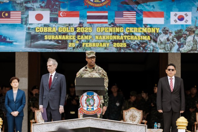 General Ronald P. Clark, the commanding general of the United States Army Pacific, deliver opening remarks at the Cobra Gold 2025 opening ceremony in Camp Suranaree, Thailand, February 25, 2025. The opening ceremony marks the 44th iteration of...