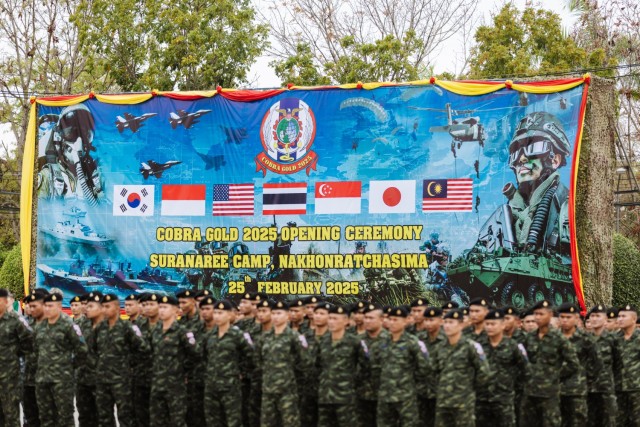 Royal Thai Armed Forces Soldiers stand in formation at the Cobra Gold 2025 opening ceremony in Camp Suranaree, Thailand, February 25, 2025. The opening ceremony marks the 44th iteration of Cobra Gold, which started in 1982 and is the largest...