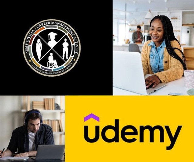 Graphic displays four blocks-ACCMA icon in the upper left; woman typing on a computer in the upper right; man studying in front of a computer in the lower left; and the word Udemy in the lower right.