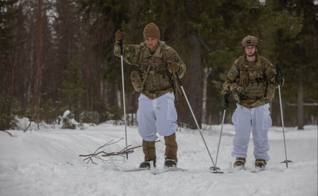 10th Mountain Division Soldiers execute movement via Finnish skis