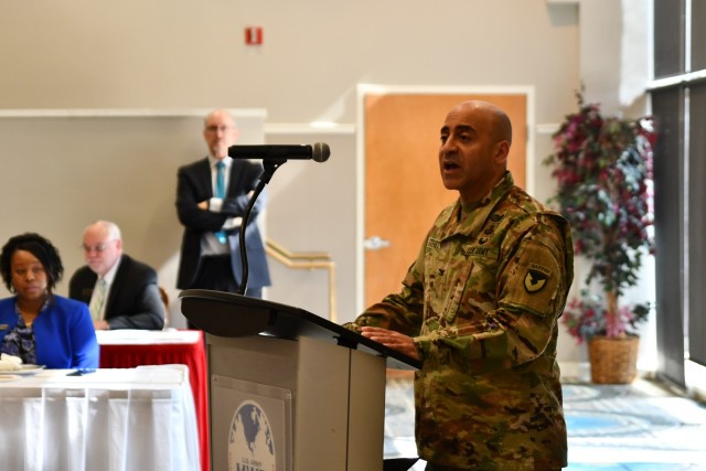 Garrison Commander Col. David Stewart provides his opening comments at the Fort Belvoir Community Leaders' Luncheon February 26. Gathered in attendance, were 60 community leaders and partners.