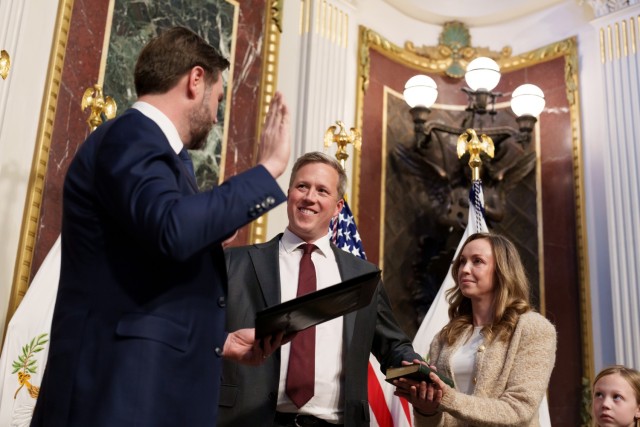 Vice President J.D. Vance delivers the oath of office to Daniel Driscoll as the Secretary of the Army during a swearing-in ceremony, Tuesday, February 25, 2025 in the Eisenhower Executive Office Building Indian Treaty Room.