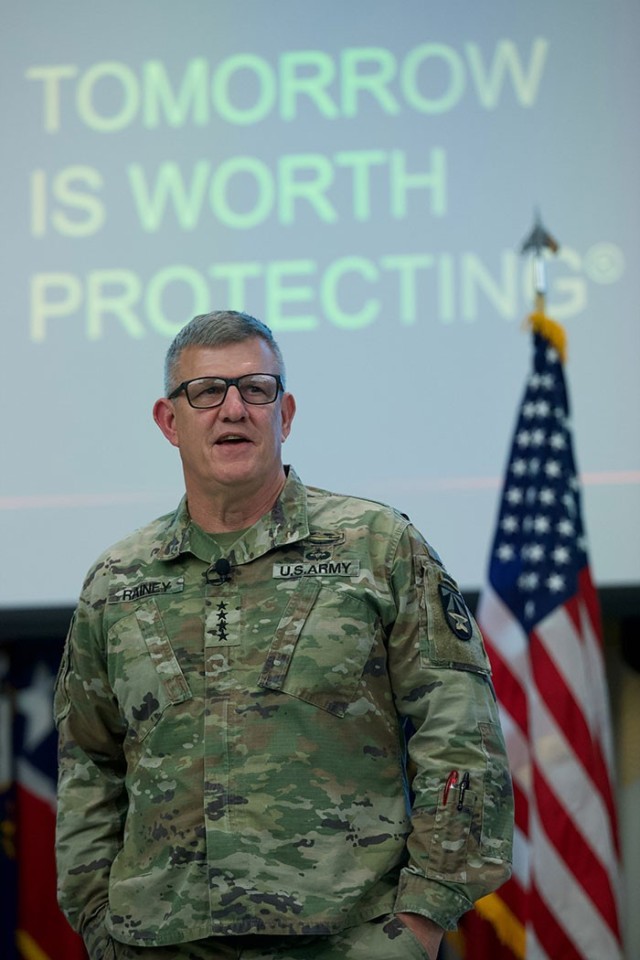 Gen. James E. Rainey, commanding general of Army Futures Command, offers remarks during a recent all-hands town hall at the U.S. Army Medical Research and Development Command at Fort Detrick.