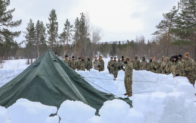 41st Field Artillery Brigade Soldiers construct a 10-man arctic tent during Exercise Joint Viking 25