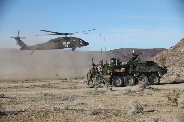 File Photo From 2017: A UH-60 Black Hawk lands outside of the 1st Stryker Brigade Combat Team, 25th Infantry Division Tactical Operations Center, at the National Training Center, Ft. Irwin, Calif., Jan. 18, 2017.