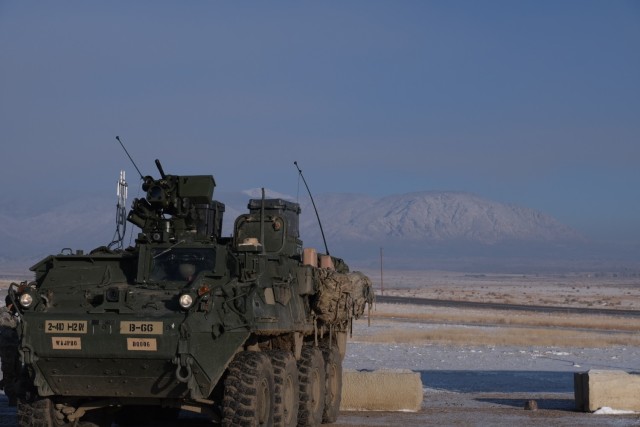 A M1126 Stryker with 1st Battalion, 12th Infantry Regiment, 2nd Stryker Brigade Combat Team, 4th Infantry Division, prepares to fire during Stryker Gunnery at Fort Carson, Colo., March 2022.  Units use gunnery qualifications to certify crews and...