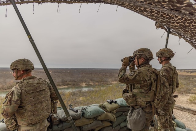 U.S. Soldiers of the 759th Military Police Battalion provide overwatch over the Texas-Mexico border through the use of multiple observation posts along the Rio Grande River in Eagle Pass, TX, Feb. 20, 2025. U.S. Northern Command is working...