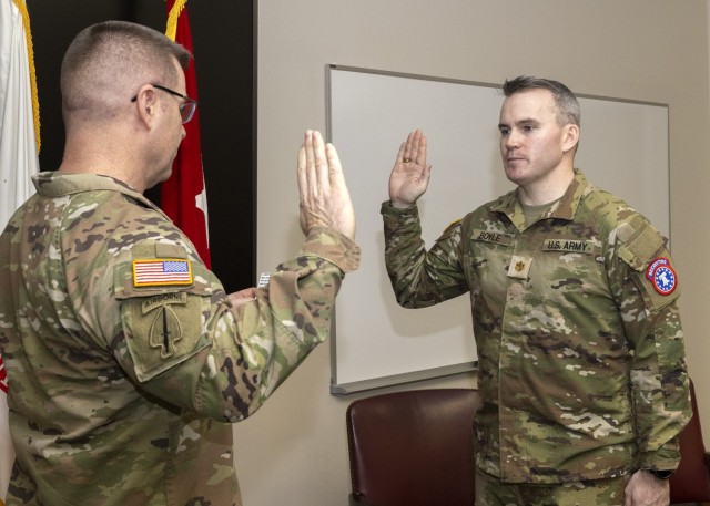 PICATINNY ARSENAL, N.J. - Maj. Gen. John T. Reim, Picatinny Arsenal Commanding General and Joint Program Executive Officer Armaments and Ammunition, promoted Capt. Sean C. Boyle to the rank of major during a ceremony at CPT Sean P. Grimes Hall,...