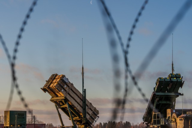 A German and U.S. Patriot missile launcher stand ready at an airfield in eastern Poland on Jan. 23, 2025.