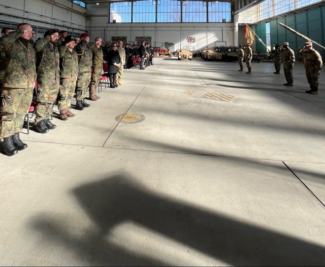 The 127th Aviation Support Battalion officially assumes responsibility from the 615th Aviation Support Battalion during a transfer of authority ceremony at Storck Barracks. The symbolic casing of the 615th ASB&#39;s colors and the uncasing of the...